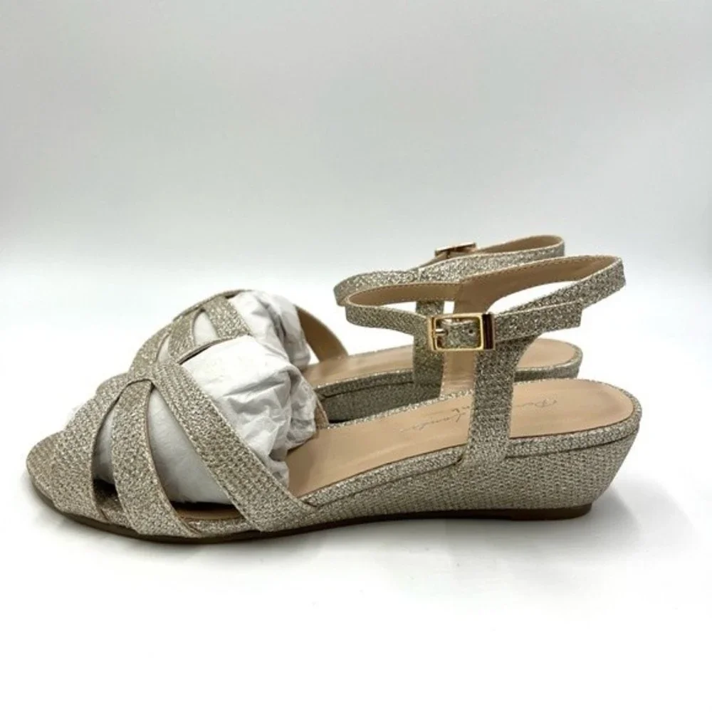 Paradox London Womens Size 7‎ Jackie Low Wedge Champagne Shimmer Dress Sandals